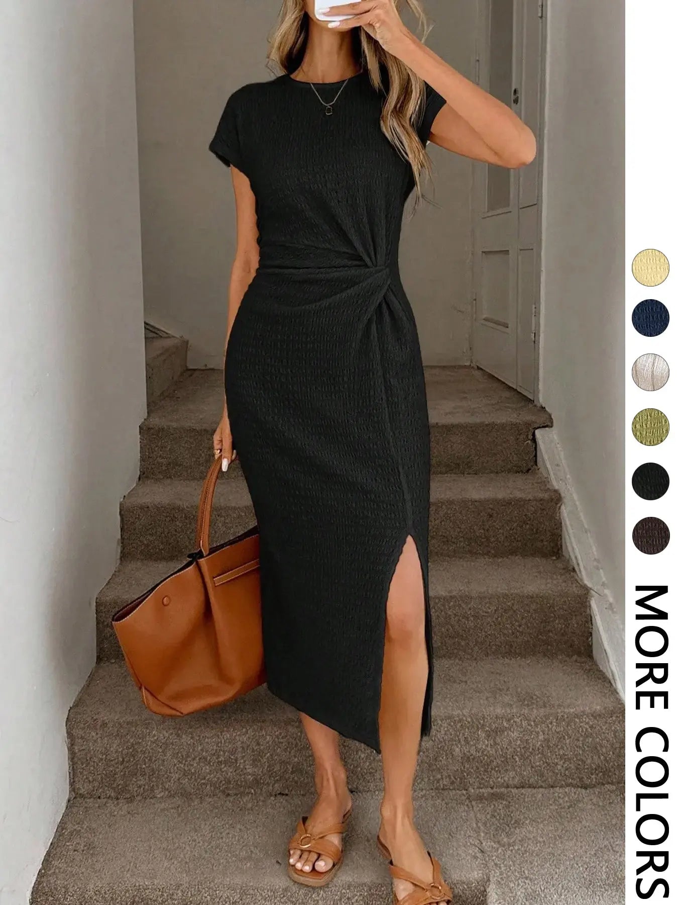 Elegant Waist Twist High Slit Sleeveless Midi Dress, Casual Apricot Textured Bodycon Dress, Women's Birthday Outfit, Women's Fitness Set, Women's Wedding Guest Dress, Women's Office Wear, White Graduation Dress