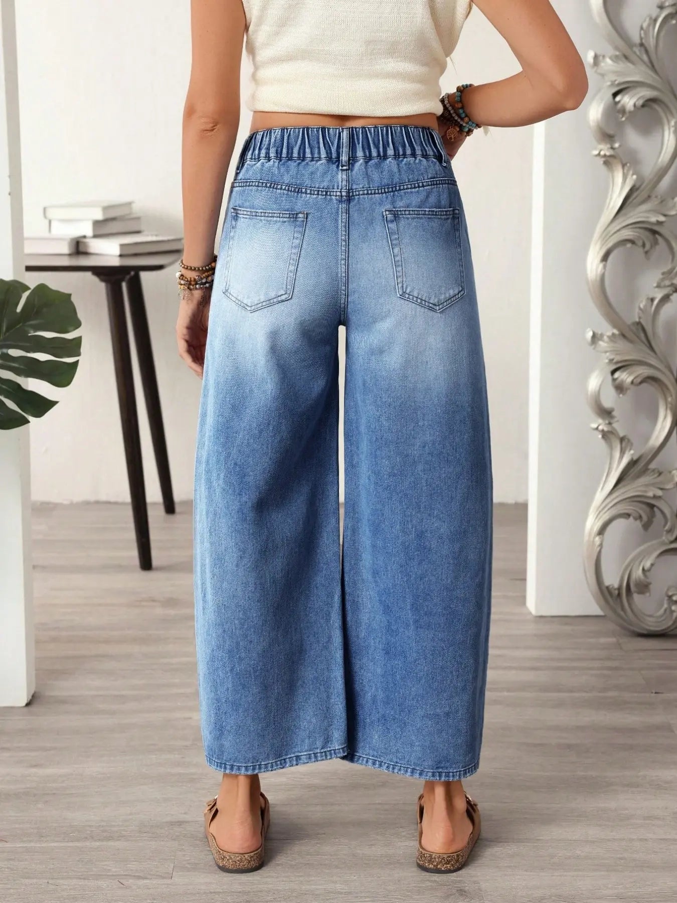 Women's Casual Street Patchwork Pocket Loose Wide Leg Jeans，Baggy Loose Summer Jeans, Perfect for All Seasons & Casual Occasions