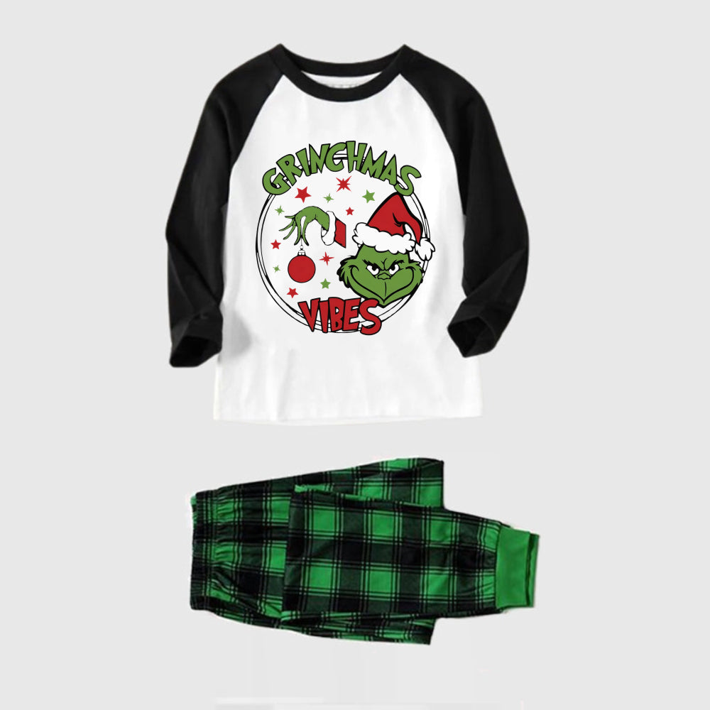 Black Raglan Top Green Plaid Christmas Pajamas Set With Grinch Print