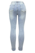 Denim High Waist Ripped Slim Fit Tapered Casual Cuffed Jeans-LightBlue