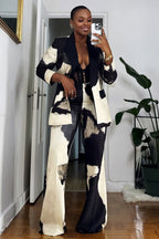 Pattern Print Colorblock Blazer High Waist Pants 2pcs Set-Black