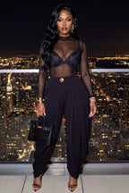 Mesh Mock Neck Long Sleeve Top Cuffed Pants Casual 2pcs Set-Black