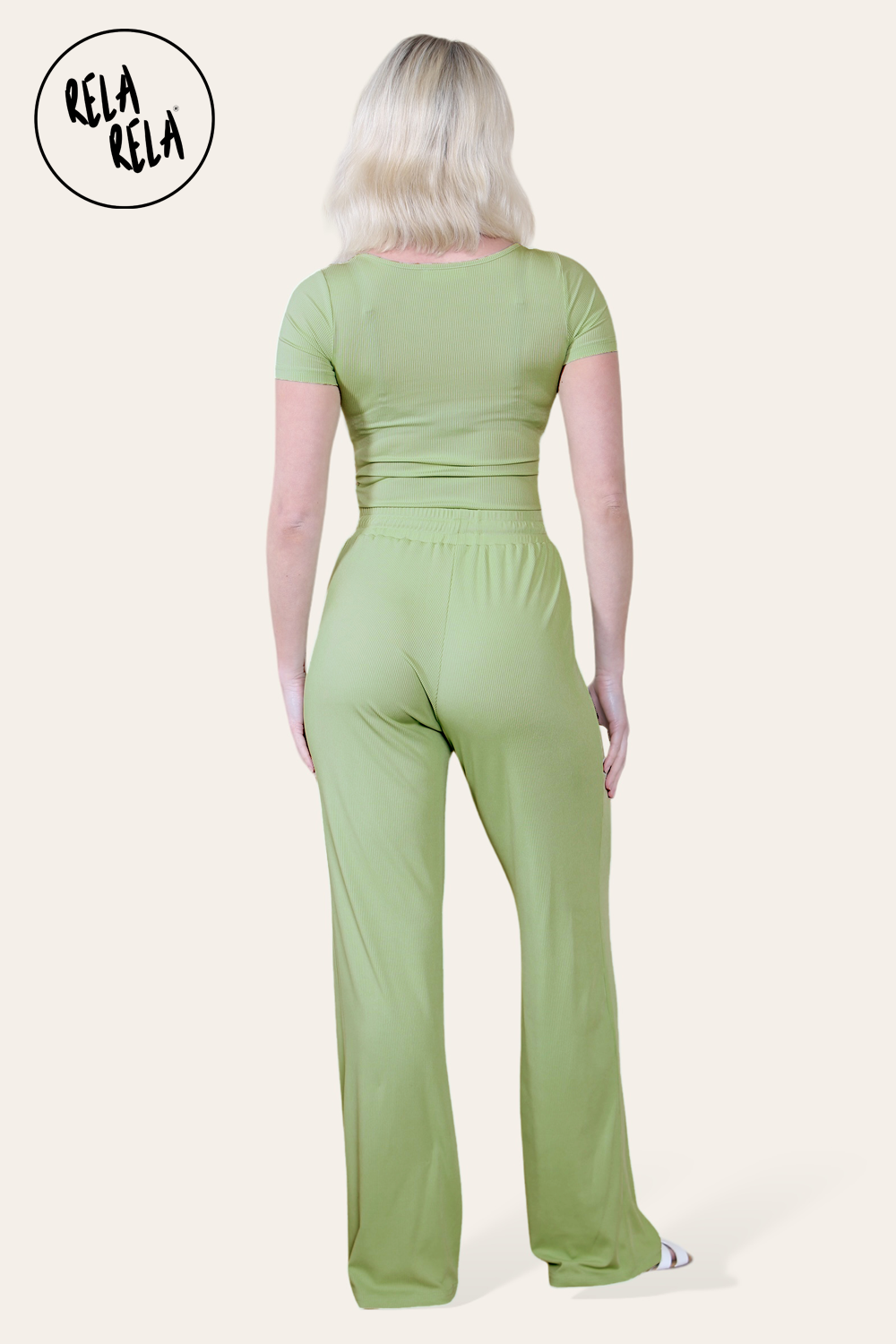 Scoop Neck Bodysuit & Wide Leg Trousers Co-Ord in Green
