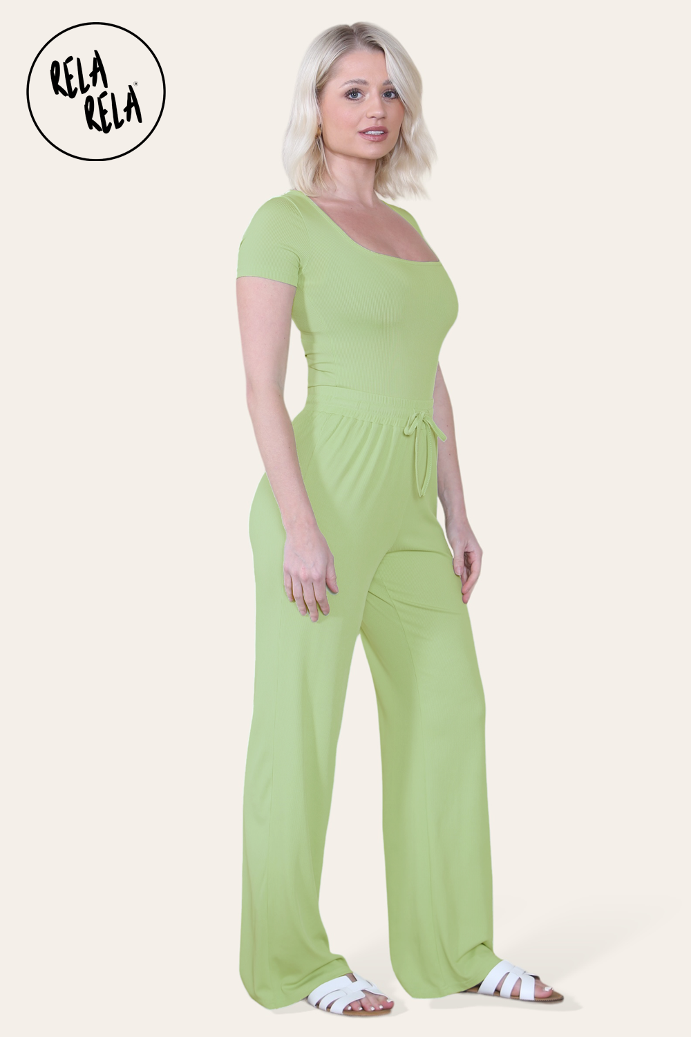 Scoop Neck Bodysuit & Wide Leg Trousers Co-Ord in Green