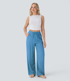 2026🔥 High Waisted Drawstring Pocket Wide Leg Casual Linen-Feel Pants