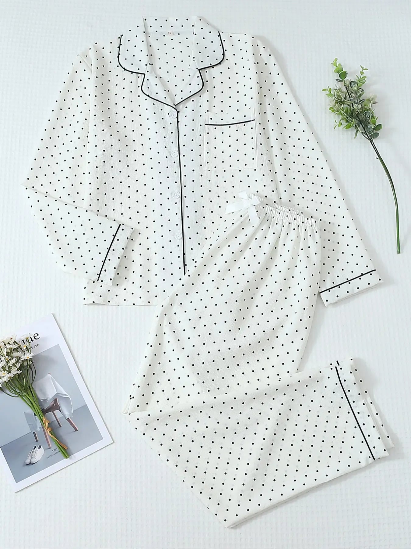 Women's Striped Bow Print Long Sleeve Woven Pajama Set, Sweet Cute Button Front Top and Pants, Casual Home Wear for All Seasons