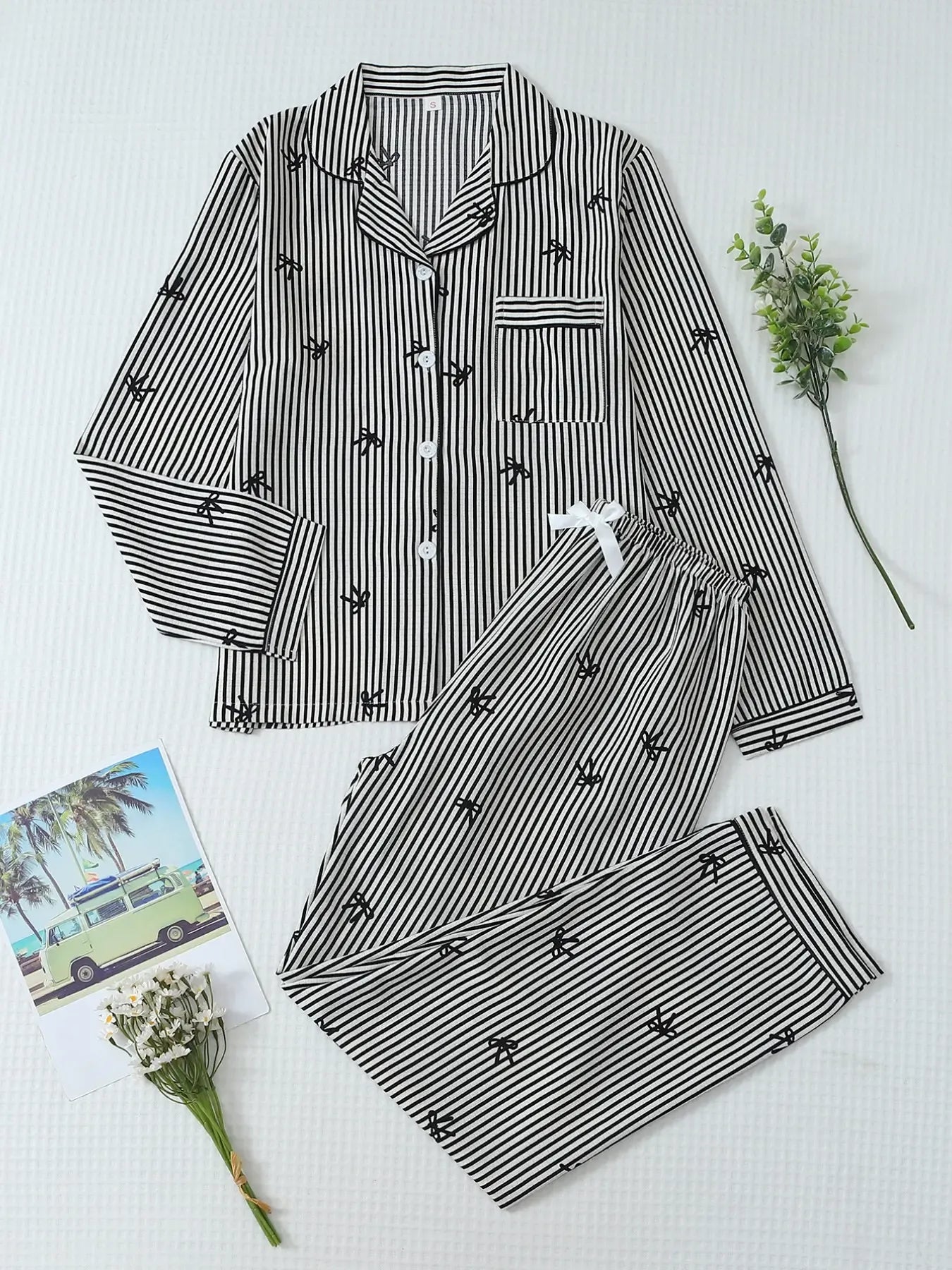 Women's Striped Bow Print Long Sleeve Woven Pajama Set, Sweet Cute Button Front Top and Pants, Casual Home Wear for All Seasons