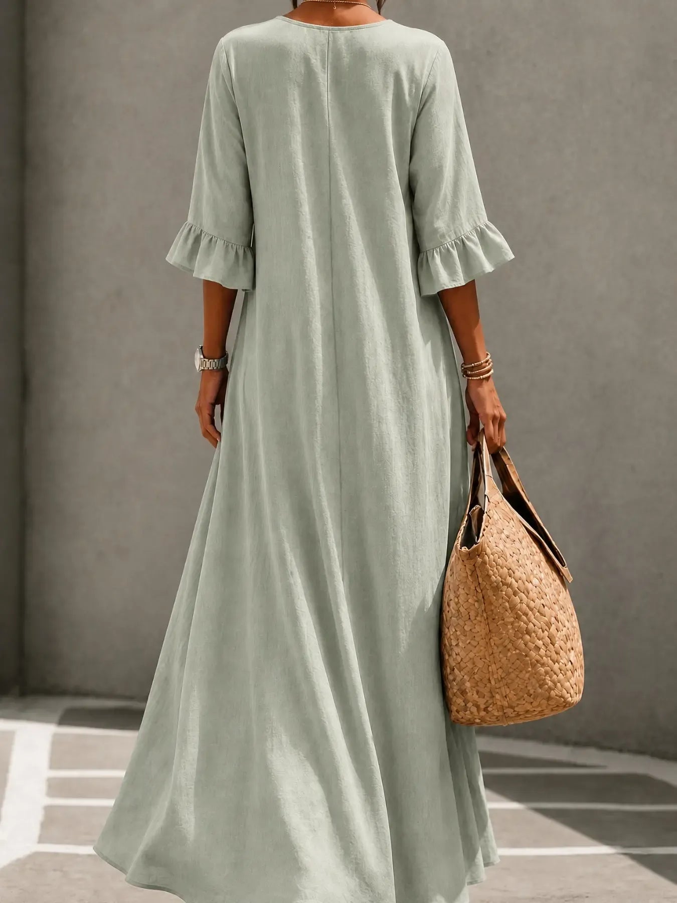 Women's Fall Winter New Solid Button V-Neck Long Dress, Elegant Slim Fit Dress, Fashionable Comfort Design, Casual All Seasons Dress