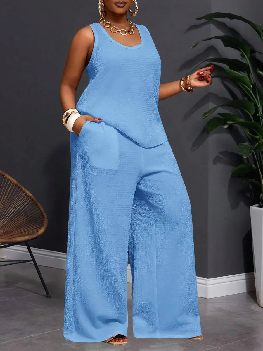 Women's Plus Size Pastel Pink 2-Piece Set,Summer Smart Casual Vacation Loose Textured U-Neck Tank Top And Elastic Waist Palazzo Pants Work Outfits
