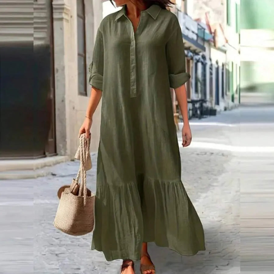 A women's fashionable, gentle, casual, lazy style solid color dress with a shirt collar twist button design, suitable for summer, daily commuting, beach travel, dates, picnics, etc.