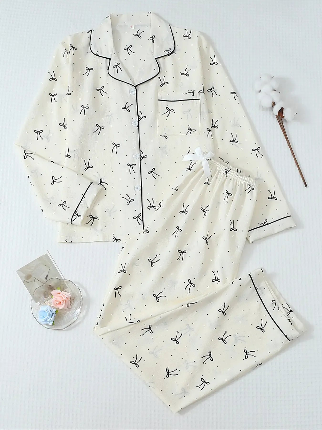 Women's Striped Bow Print Long Sleeve Woven Pajama Set, Sweet Cute Button Front Top and Pants, Casual Home Wear for All Seasons