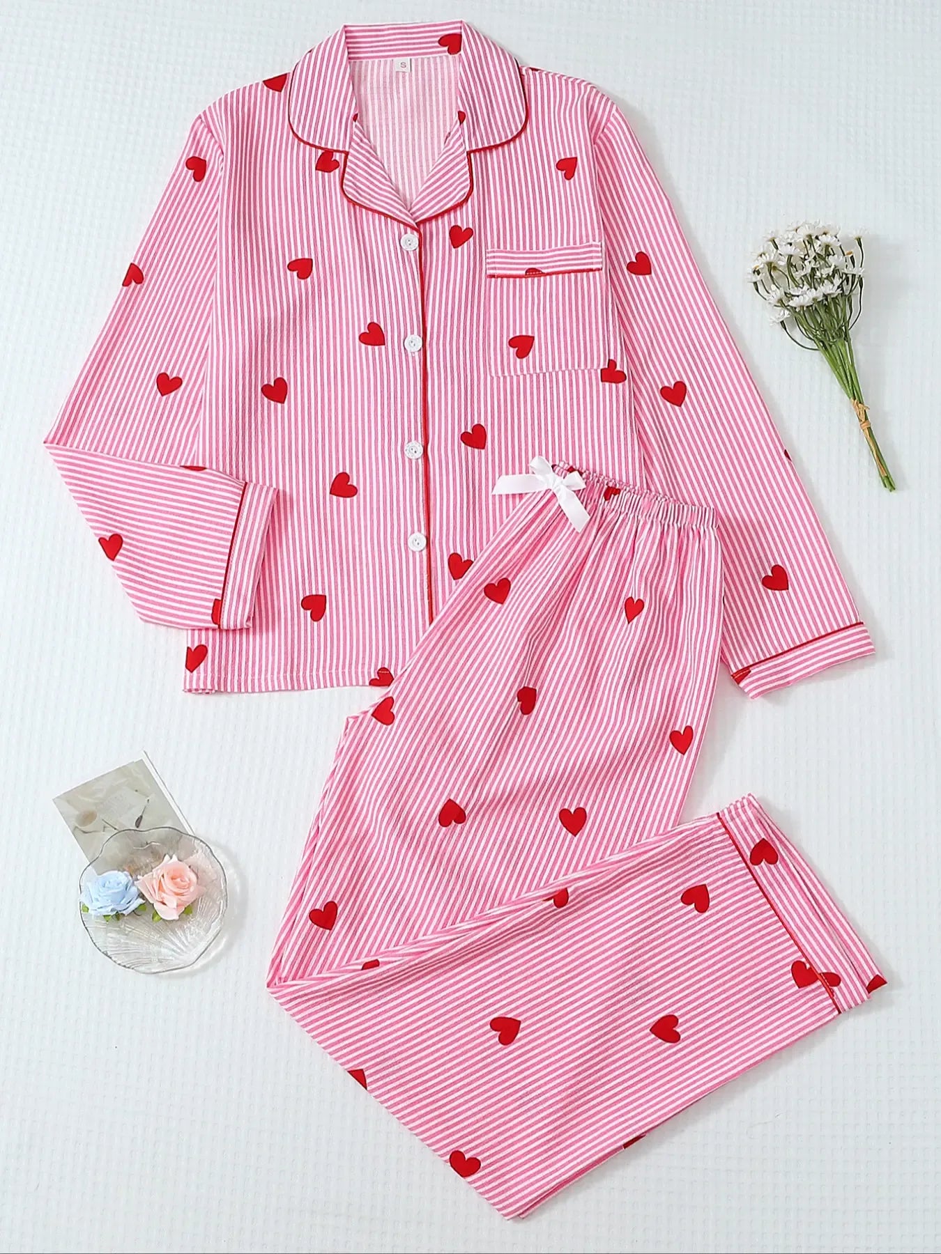 Women's Striped Bow Print Long Sleeve Woven Pajama Set, Sweet Cute Button Front Top and Pants, Casual Home Wear for All Seasons