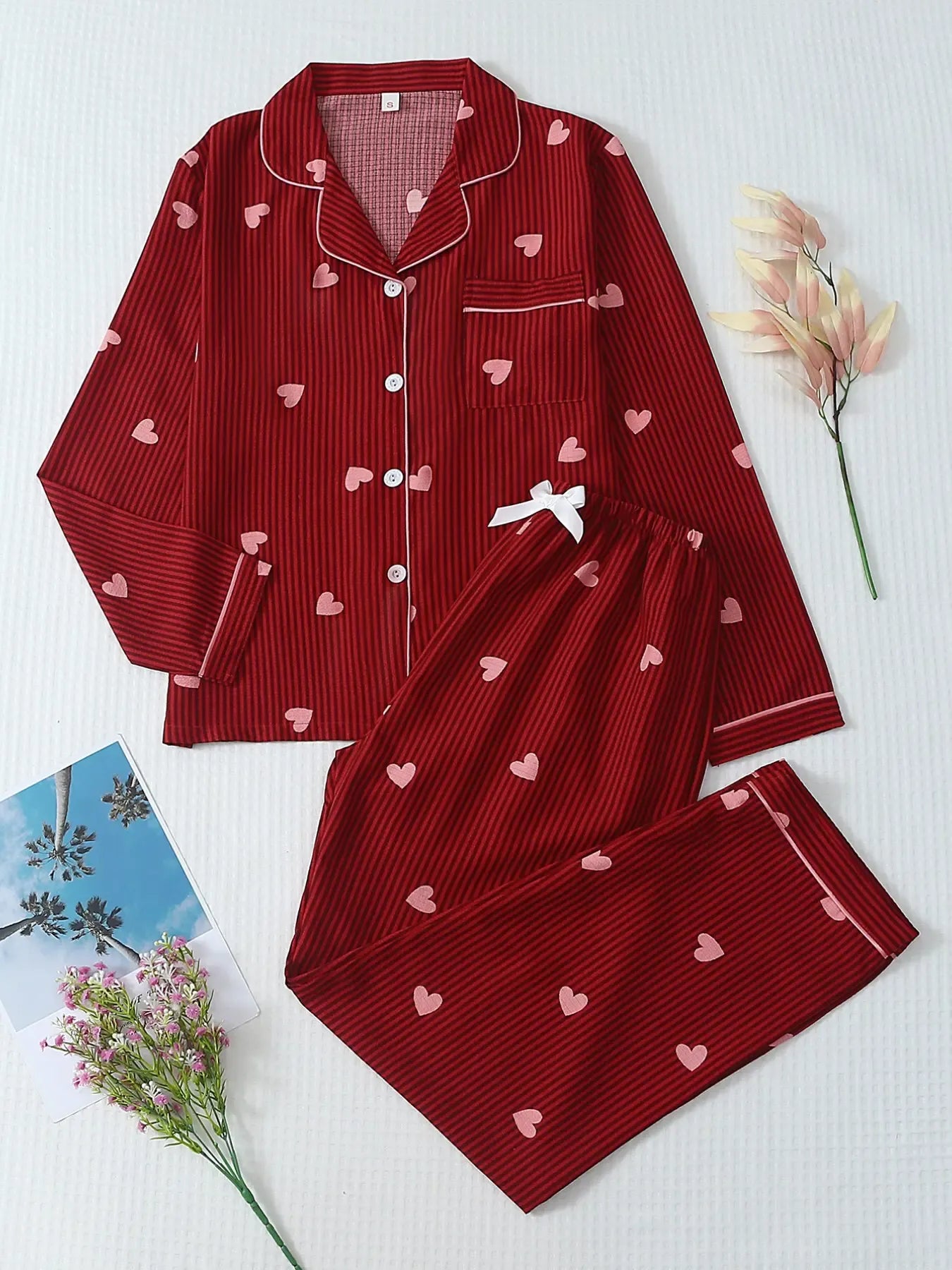 Women's Striped Bow Print Long Sleeve Woven Pajama Set, Sweet Cute Button Front Top and Pants, Casual Home Wear for All Seasons