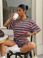 Women's Casual Loose Fit Set, Striped Print Suit, Summer Vacation American Retro Street Style, Perfect for All-Day Home Wear