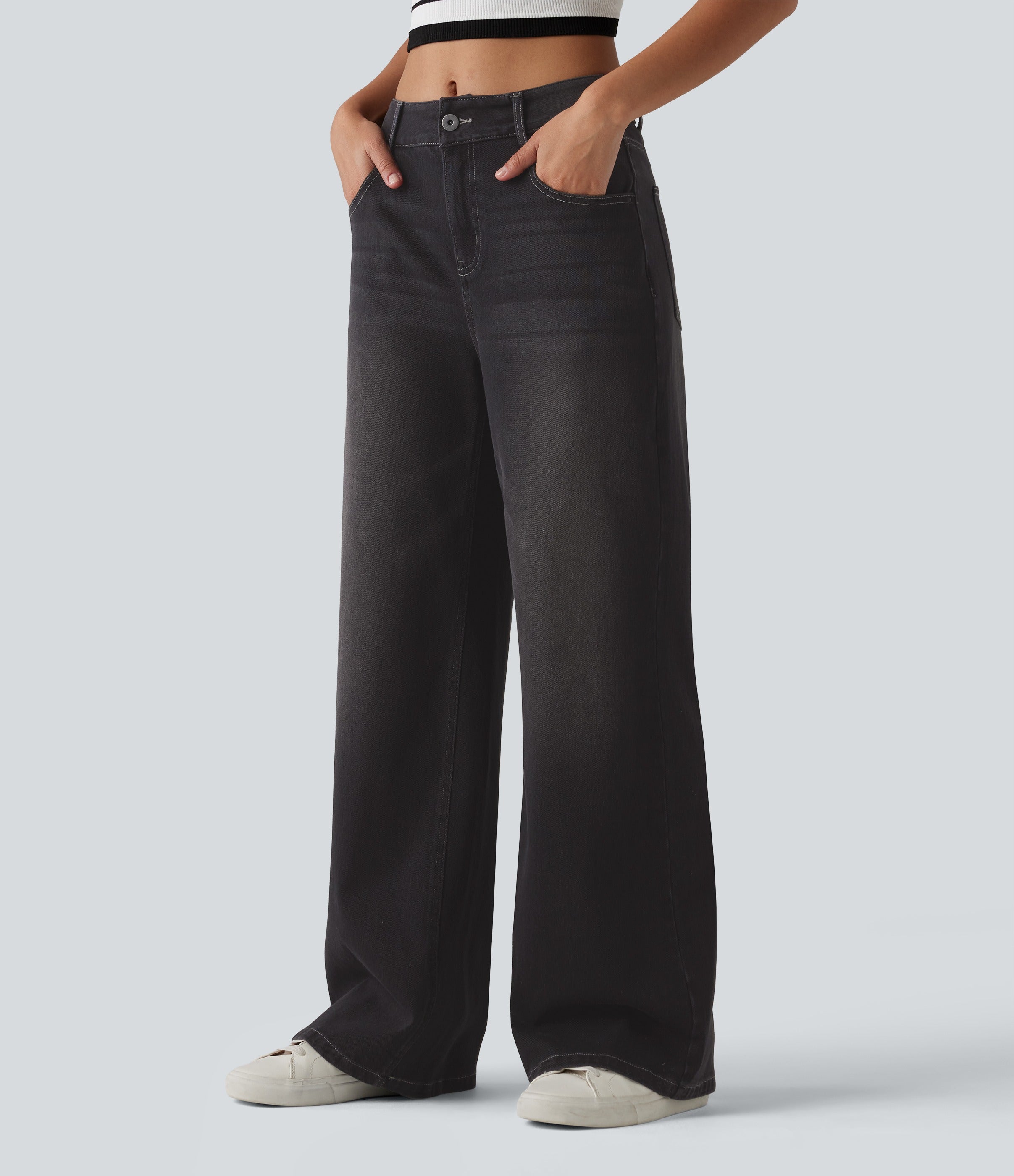 FlexTM Mid Rise Washed Casual Baggy Jeans with Pockets