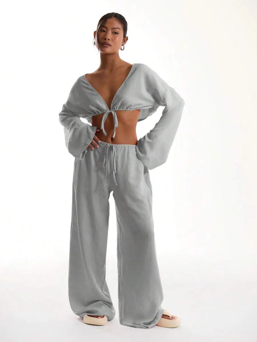 Women's Solid Pocket Pants, Casual Comfy Wide Leg Trousers for Beach Vacation Holiday, Ladies Bottoms for All Seasons