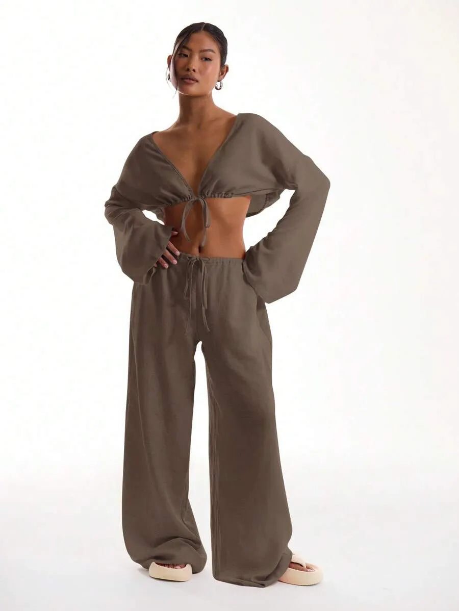 Women's Solid Pocket Pants, Casual Comfy Wide Leg Trousers for Beach Vacation Holiday, Ladies Bottoms for All Seasons