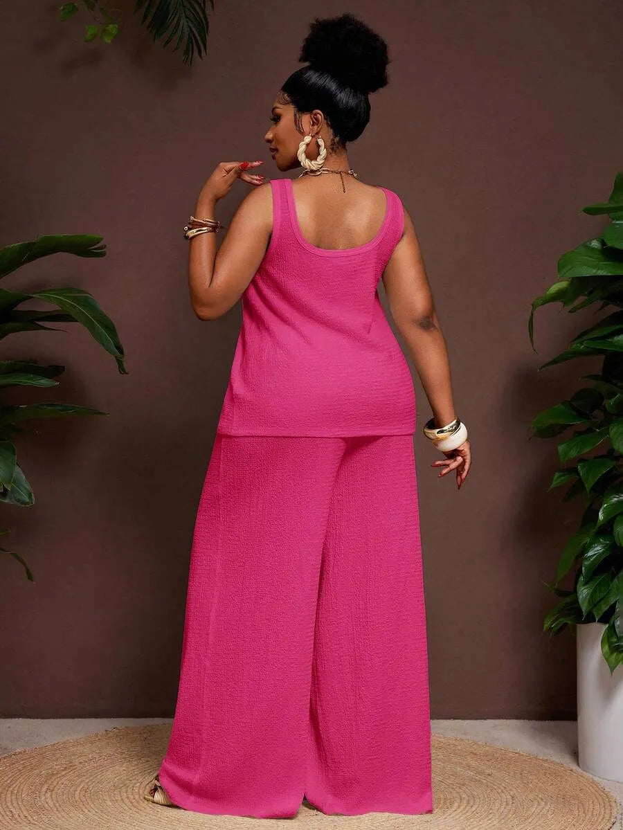 Women's Plus Size Pastel Pink 2-Piece Set,Summer Smart Casual Vacation Loose Textured U-Neck Tank Top And Elastic Waist Palazzo Pants Work Outfits