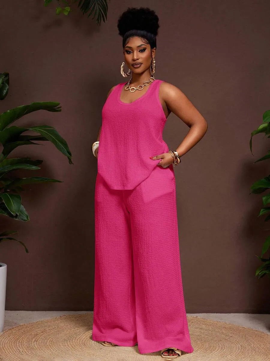Women's Plus Size Pastel Pink 2-Piece Set,Summer Smart Casual Vacation Loose Textured U-Neck Tank Top And Elastic Waist Palazzo Pants Work Outfits