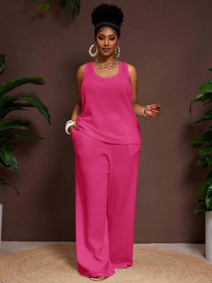 Women's Plus Size Pastel Pink 2-Piece Set,Summer Smart Casual Vacation Loose Textured U-Neck Tank Top And Elastic Waist Palazzo Pants Work Outfits