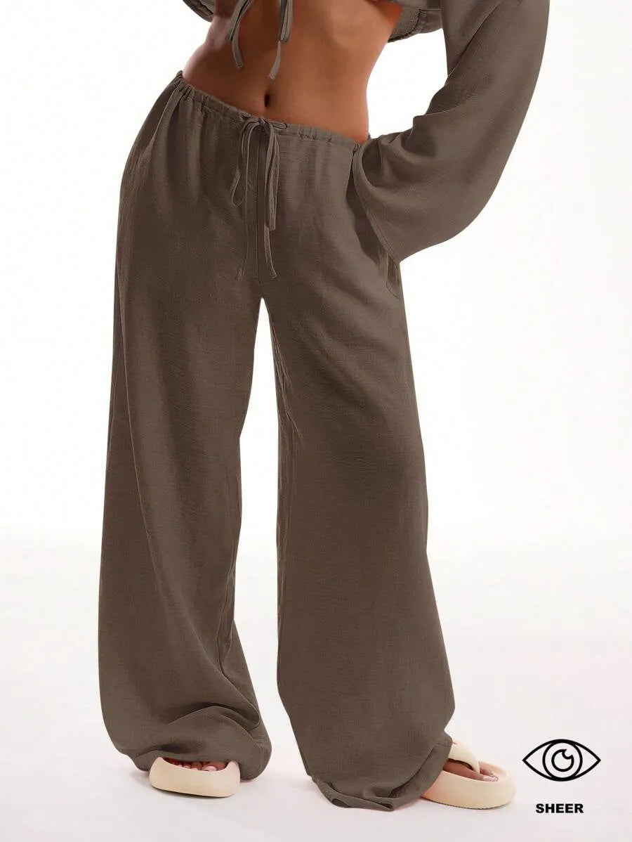 Women's Solid Pocket Pants, Casual Comfy Wide Leg Trousers for Beach Vacation Holiday, Ladies Bottoms for All Seasons