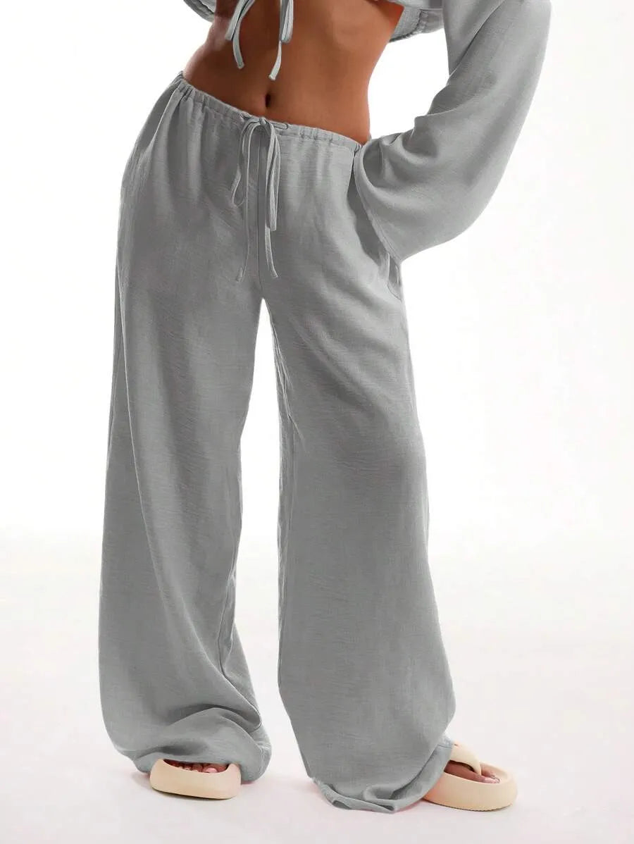 Women's Solid Pocket Pants, Casual Comfy Wide Leg Trousers for Beach Vacation Holiday, Ladies Bottoms for All Seasons
