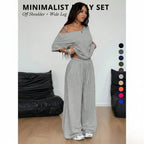 2pcs/Set Women's Minimalist Basic Daily Wear Going Out Sport Comfortable Off Shoulder T-Shirt And Wide Leg Pants Two Pieces Outfits
