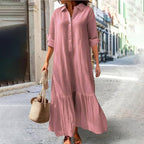 A women's fashionable, gentle, casual, lazy style solid color dress with a shirt collar twist button design, suitable for summer, daily commuting, beach travel, dates, picnics, etc.