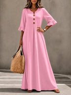 Women's Fall Winter New Solid Button V-Neck Long Dress, Elegant Slim Fit Dress, Fashionable Comfort Design, Casual All Seasons Dress