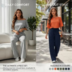 2pcs/Set Women's Minimalist Basic Daily Wear Going Out Sport Comfortable Off Shoulder T-Shirt And Wide Leg Pants Two Pieces Outfits