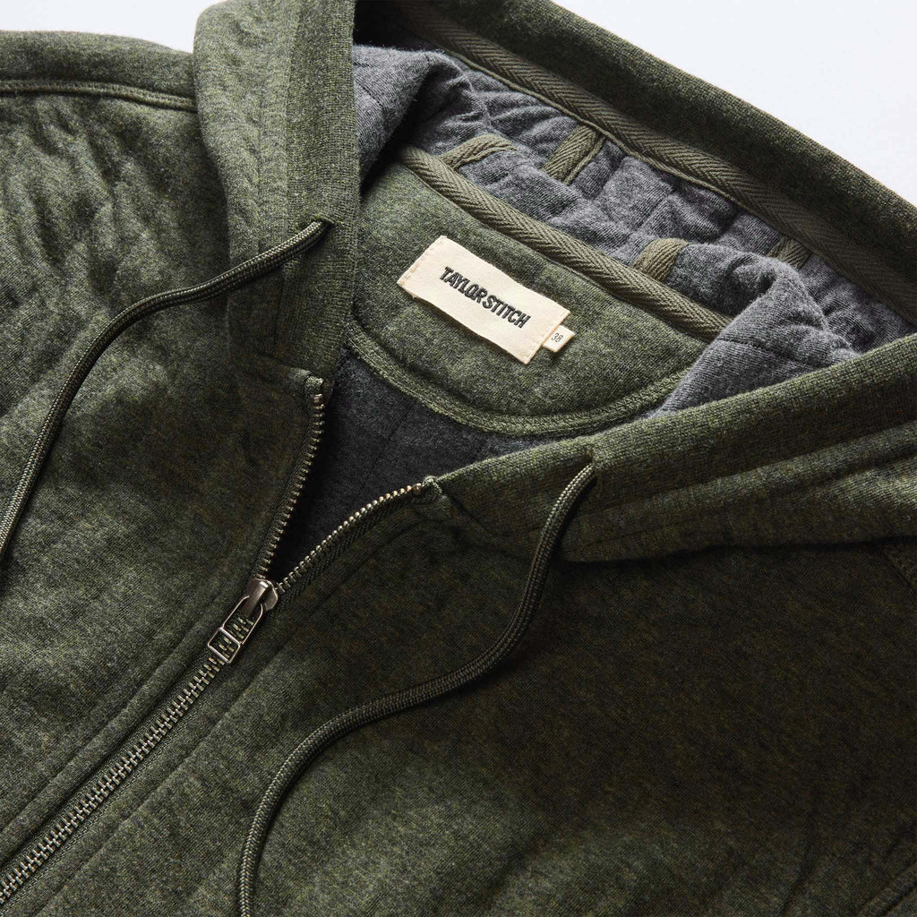The Apres Zip Hoodie in Fatigue Olive Quilted Jersey