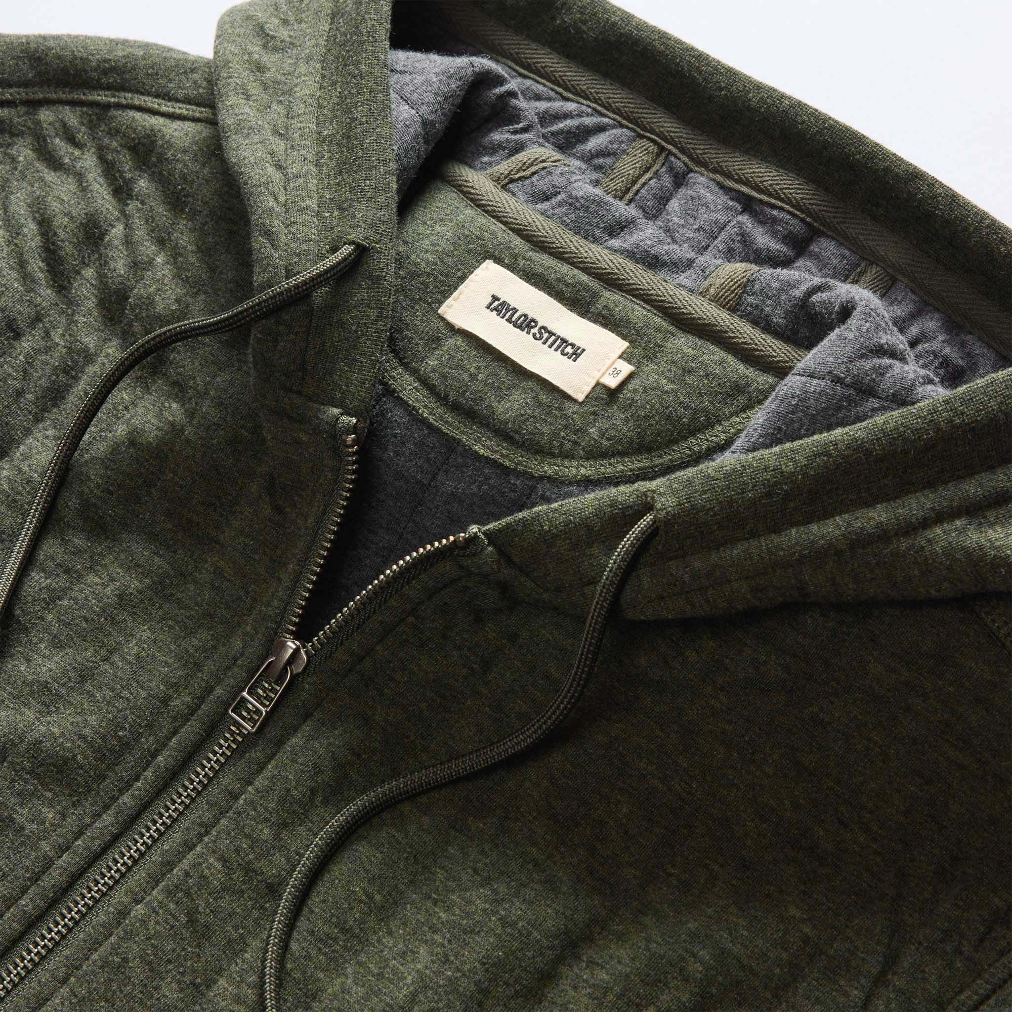 The Apres Zip Hoodie in Fatigue Olive Quilted Jersey