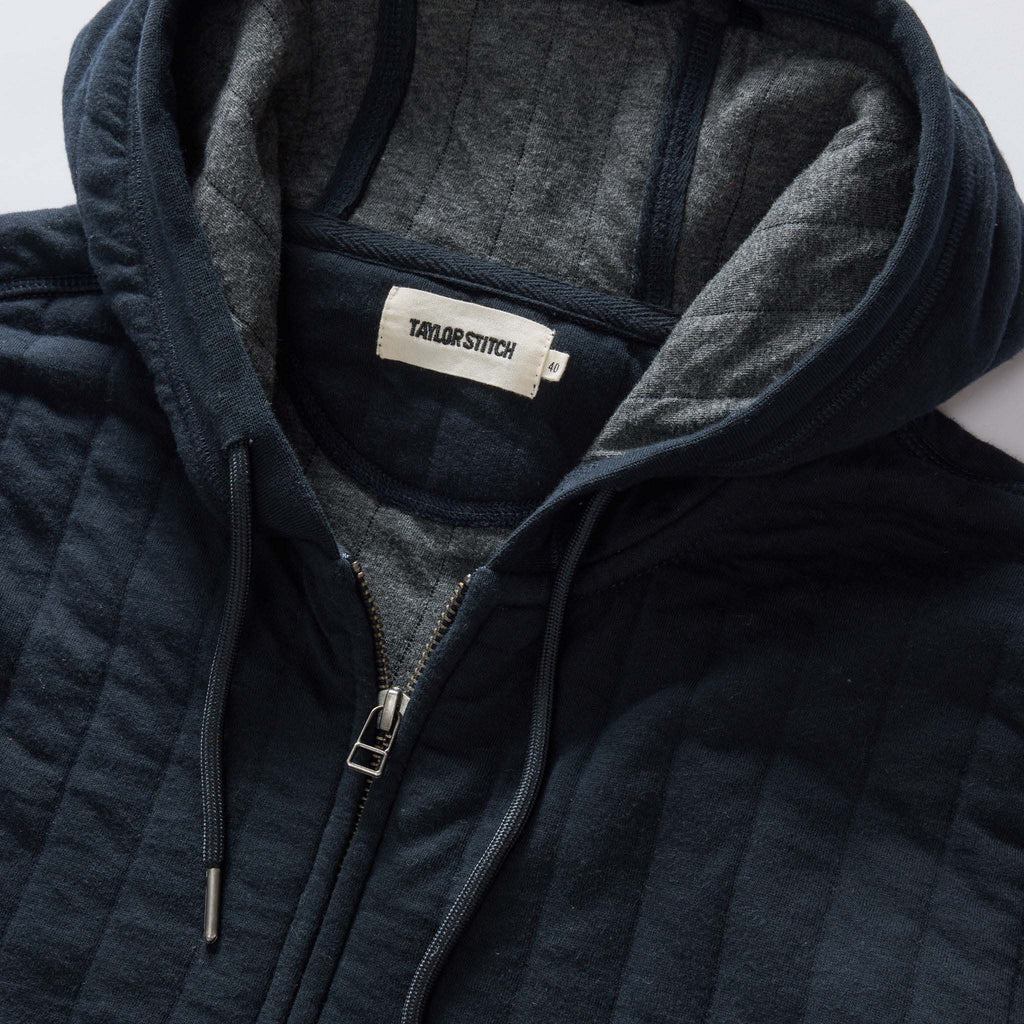 The Apres Zip Hoodie in Heather Midnight Quilted Jersey