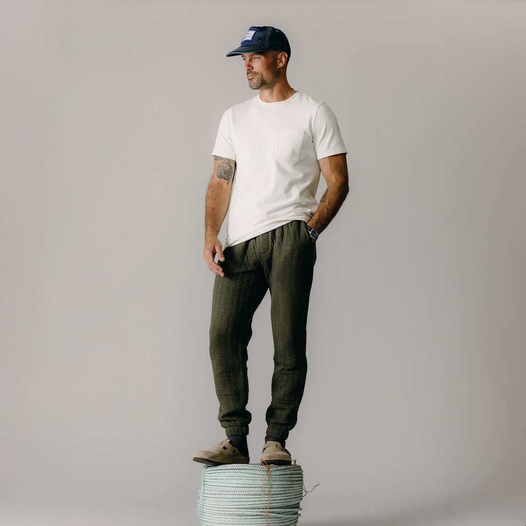The Apres Pant in Heather Fatigue Olive Quilted Jersey