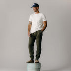 The Apres Pant in Heather Fatigue Olive Quilted Jersey