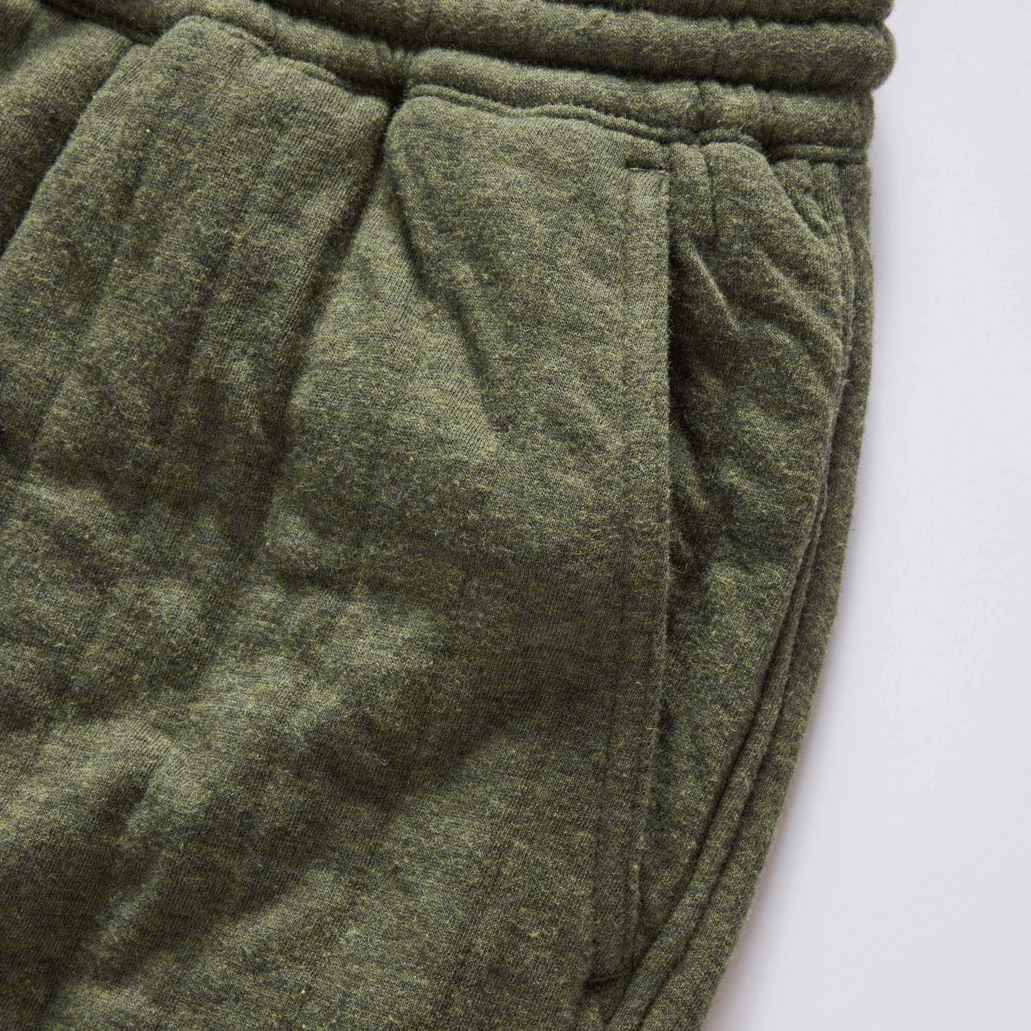 The Apres Pant in Heather Fatigue Olive Quilted Jersey