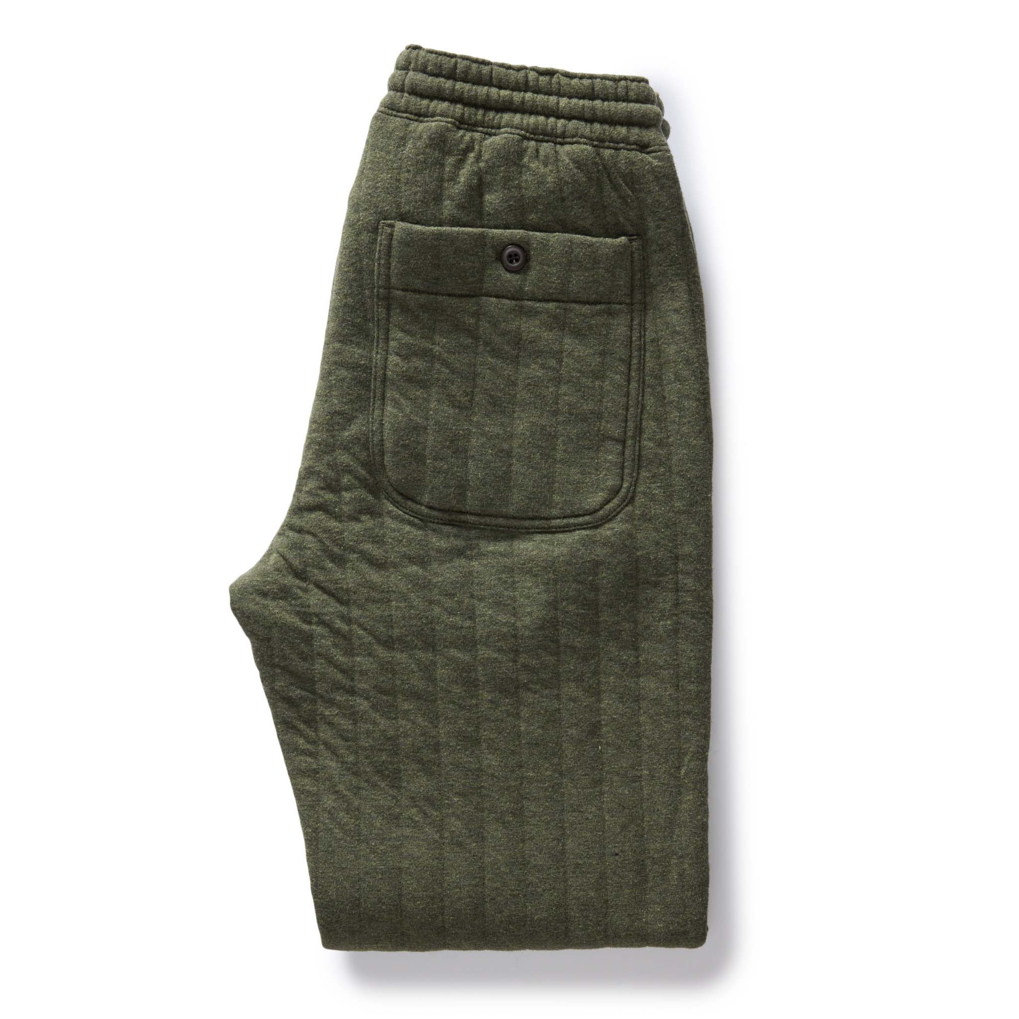 The Apres Pant in Heather Fatigue Olive Quilted Jersey