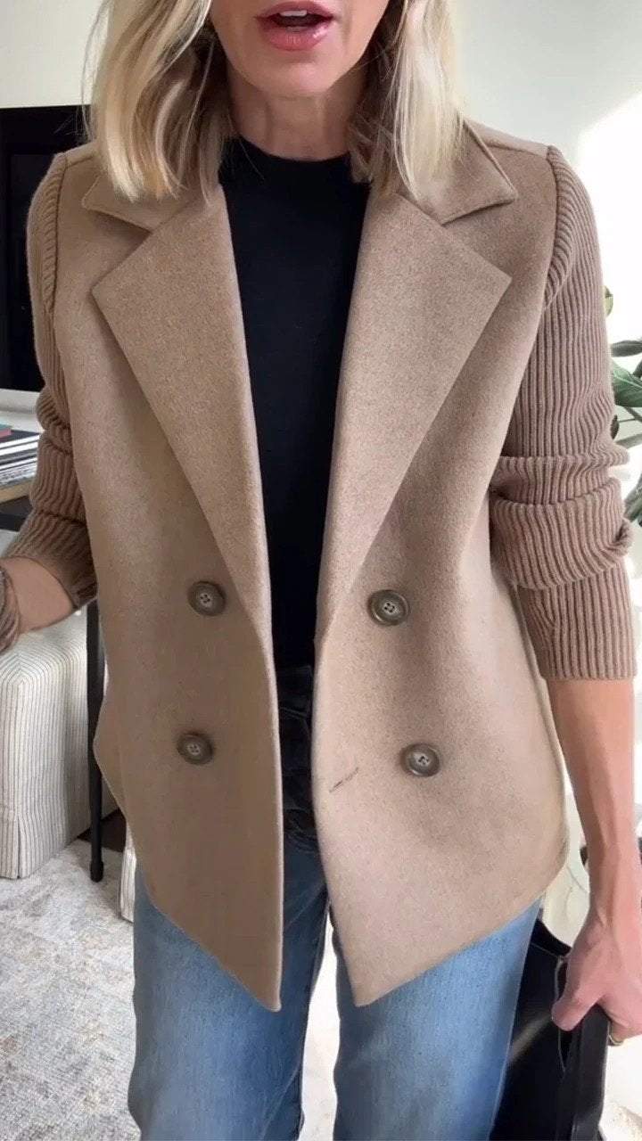Women's Lapel Button Knitted Sleeve Casual Coat with Two Side Pockets