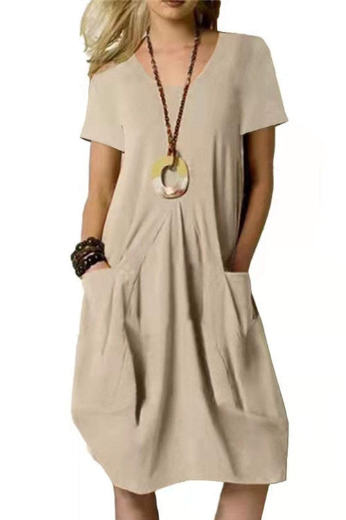 Cotton and Linen Solid Color Loose Short-sleeved Dress