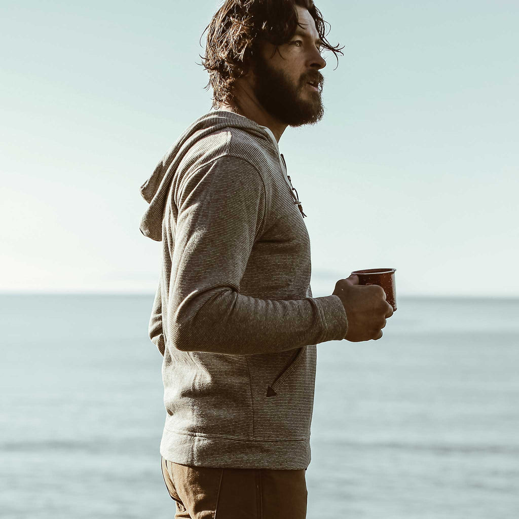 The Après Hoodie in Olive Stripe Hemp Fleece