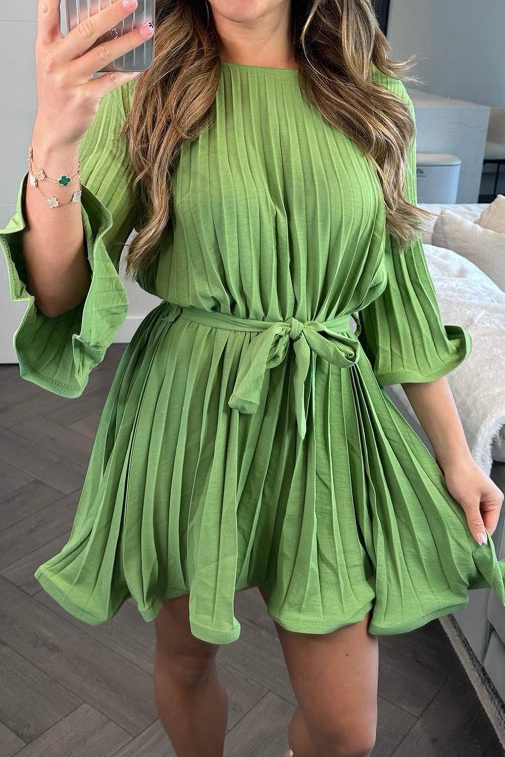Bell Sleeve Pleated A-Line Mini Dress in Olive