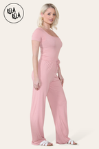 Scoop Neck Bodysuit & Wide Leg Trousers Co-Ord in Rose Pink