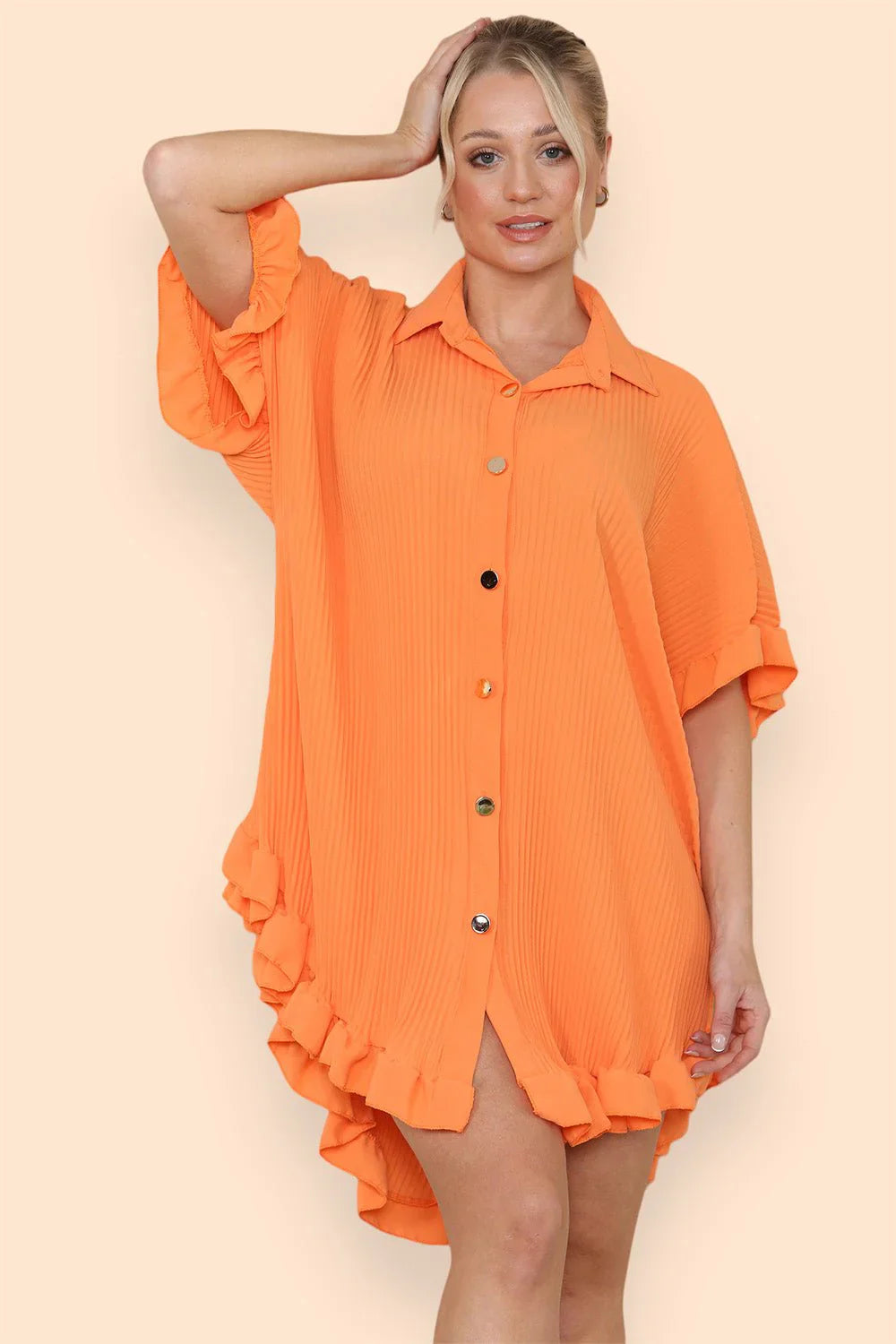 Pleated Button Up Frill Detail Swing Dress in Orange
