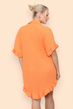 Pleated Button Up Frill Detail Swing Dress in Orange