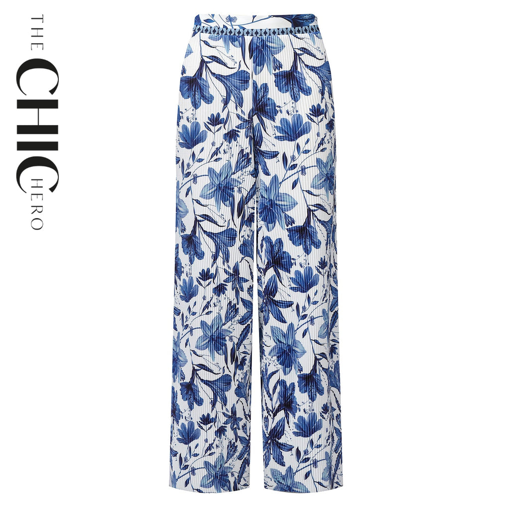 Boho Breeze Blue Floral Wide-Leg Trousers Palazzo Pants XXPLUS(6XL+)