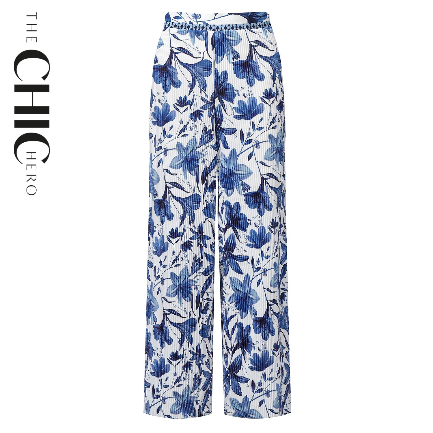 Boho Breeze Blue Floral Wide-Leg Trousers Palazzo Pants XXPLUS(6XL+)