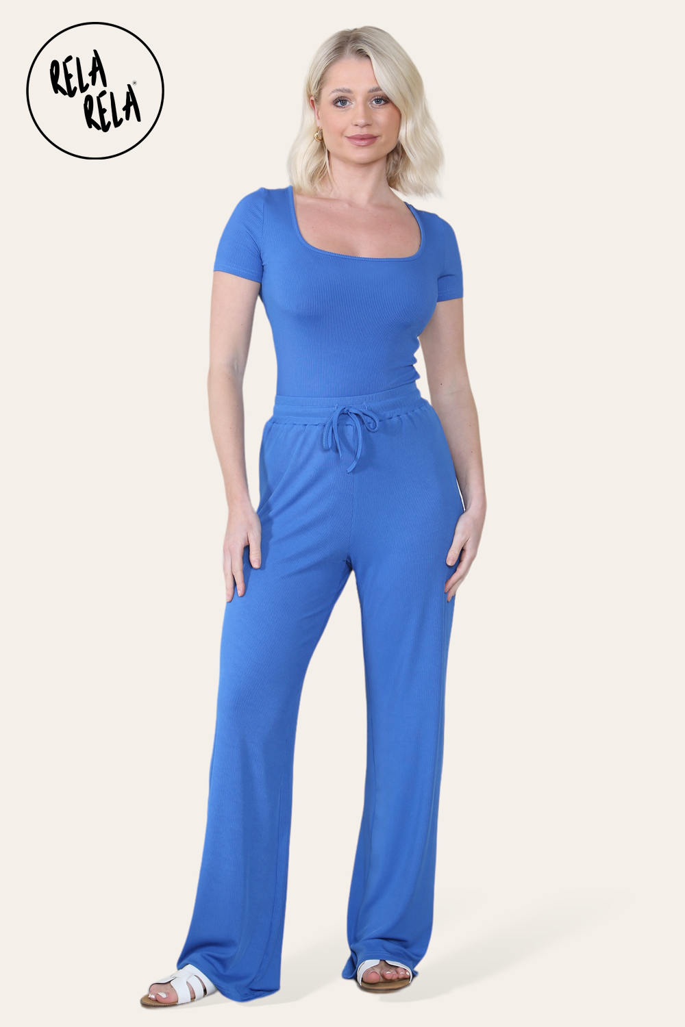 Scoop Neck Bodysuit & Wide Leg Trousers Co-Ord in Royal Blue