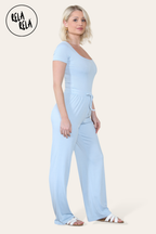 Scoop Neck Bodysuit & Wide Leg Trousers Co-Ord in Baby Blue