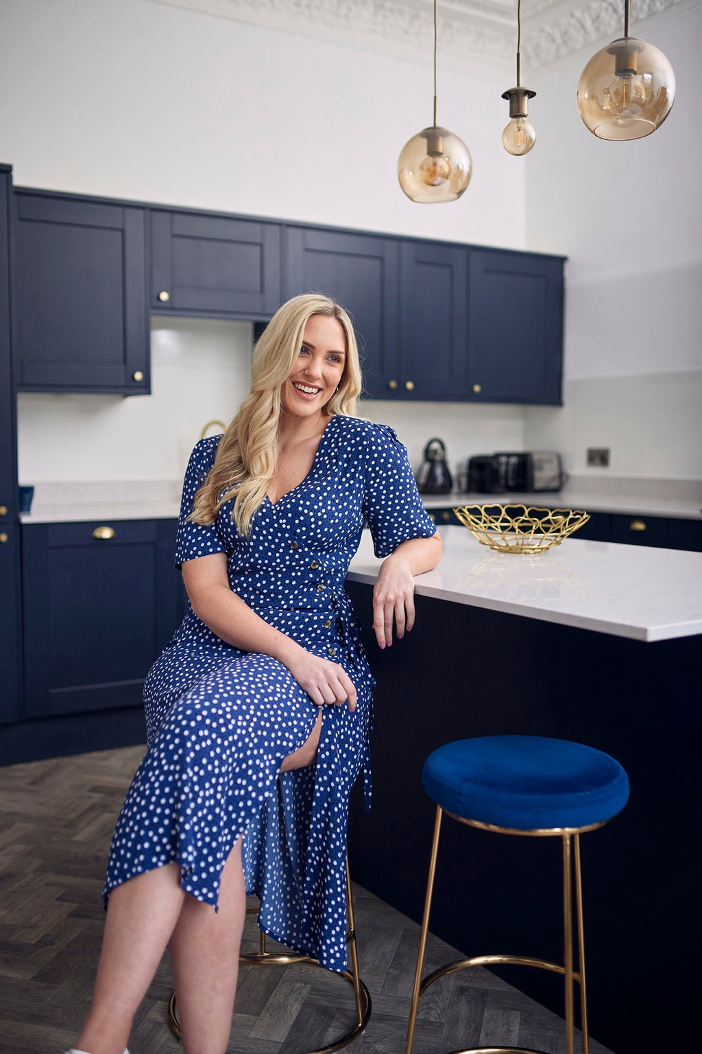 Lesley - Midi Button Wrap Dress - Blue Polkadot