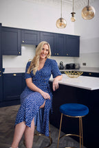 Lesley - Midi Button Wrap Dress - Blue Polkadot